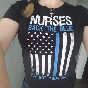 Nurses Back The Blue Tshirt I've Got Your Six Black Women's XL Police Nursing RN